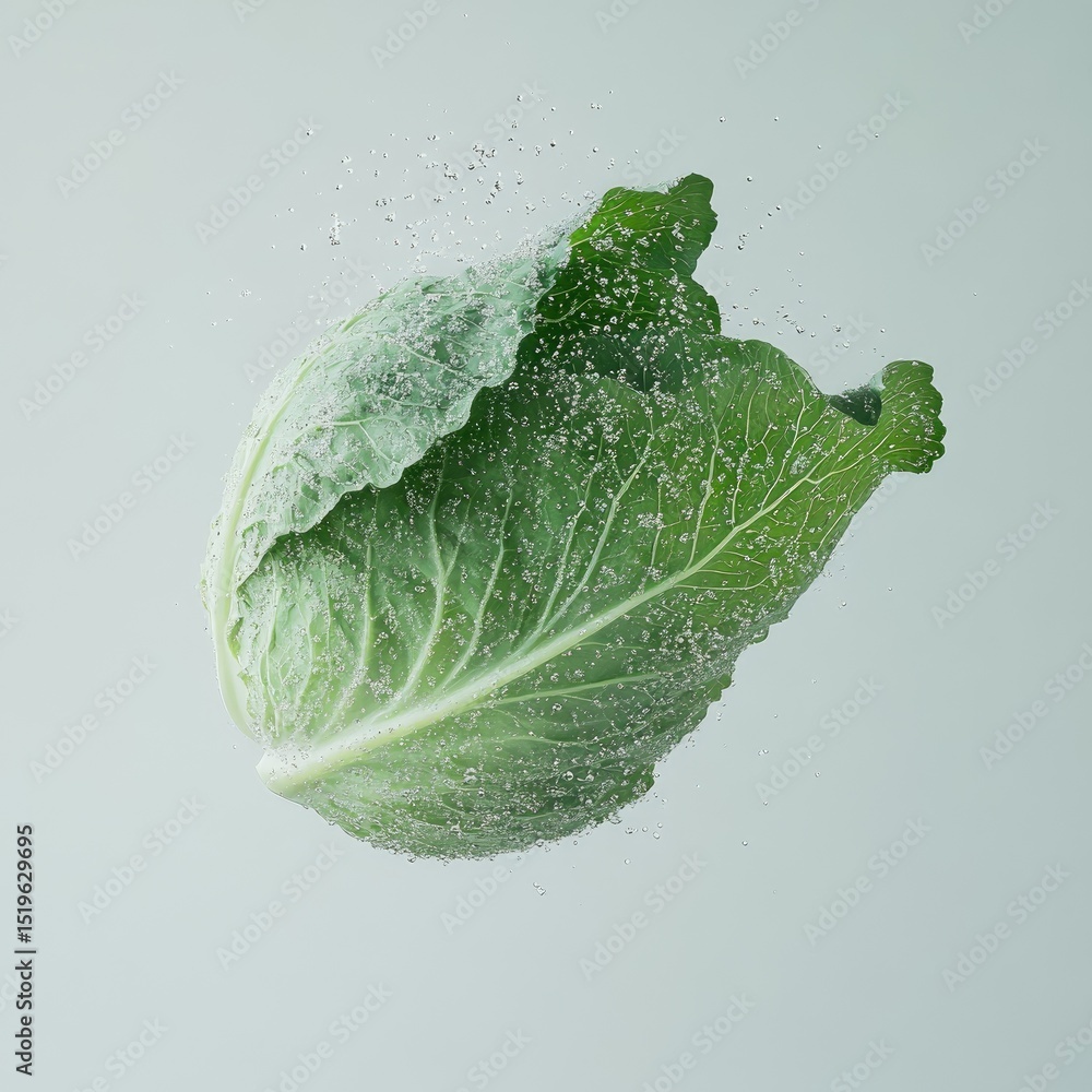 Poster levitating green cabbage leaf surrounded by bubbles, creating refreshing and dynamic visual effect. 