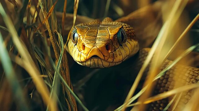 Close-up of a copperhead snake among grass; a venomous reptile wildlife view.