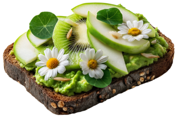 Vegan artisanal avocado toast with fresh green apple kiwi slices white daisy flowers on dark seeded multigrain bread, natural organic ingredients clean eating, transparent background.