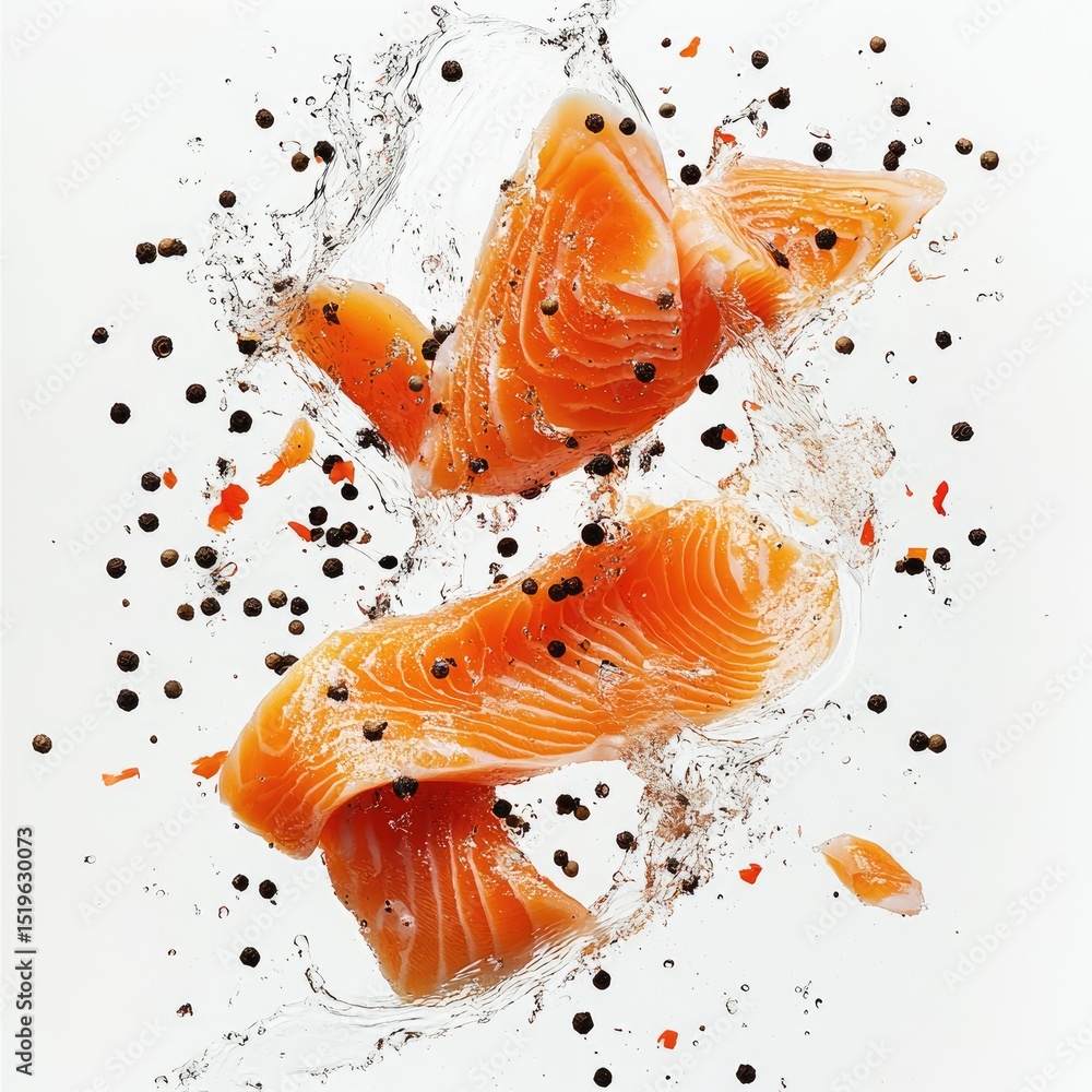 Poster fresh salmon slices midleap through air, surrounded by splashes of water and scattered black pepperc