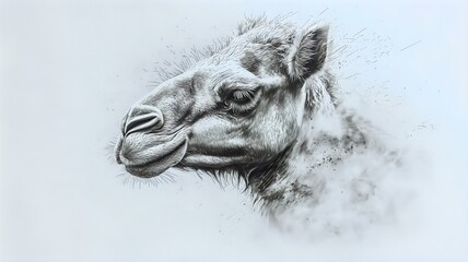 Camel Head Drawing Realistic Charcoal Profile Wildlife Portrait Art Monochrome Detail on White
