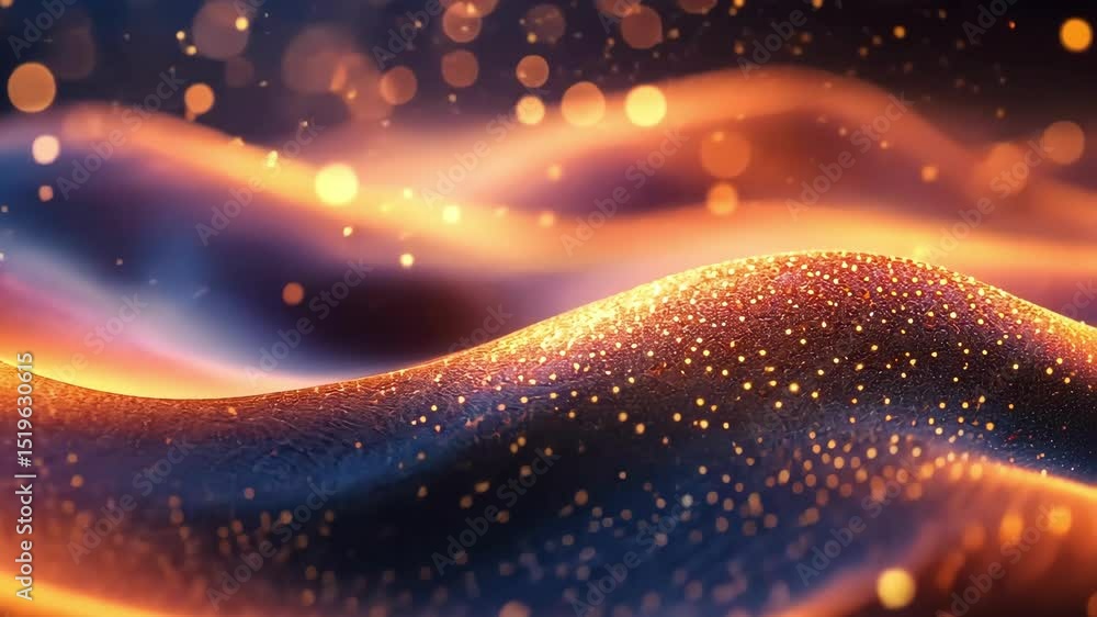 Poster abstract wave background with glittering orange and blue particles and bokeh lights.
