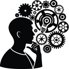 Silhouette Vector of Thinking Man with Gears and Light Bulbs Representing Creativity and Innovation