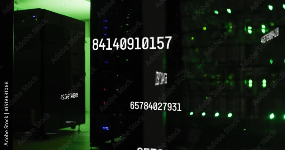 Poster blurred numbers appearing on server racks starting floating streams transforming to show data flow