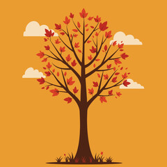 Vibrant autumn tree with red and orange leaves against a warm orange sky