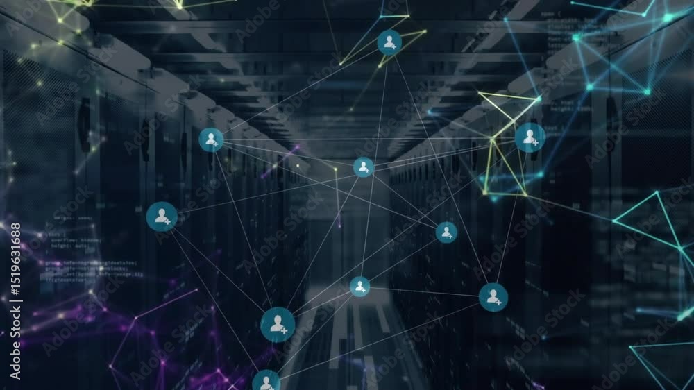 Poster corridor opening spawning user-icons, connecting lines, network drifting visualizing connectivity