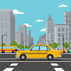 Fototapeta premium Urban cityscape featuring yellow taxis on a busy street under a clear blue sky