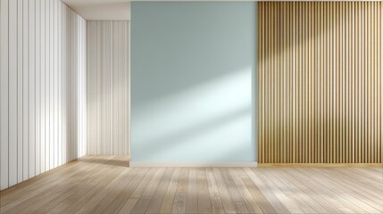Minimalist empty room with wooden flooring, vertical slat walls, and soft natural light.