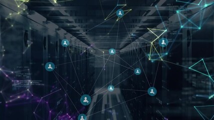Corridor opening spawning user-icons, connecting lines, network drifting visualizing connectivity - Powered by Adobe