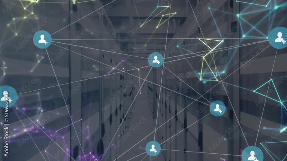 Poster subtle glowing lines initiating user icons emerging and linking on mesh, showing expanding network