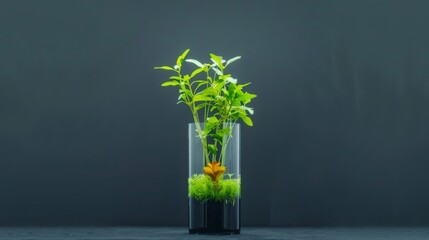 Minimalist indoor plant arrangement.  Green plant in a clear glass vase on a dark background. Concept of nature, growth, and tranquility.