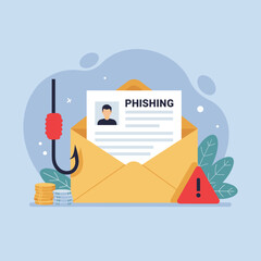 Illustration of a phishing email alert with an envelope and fishing hook, emphasizing cybersecurity