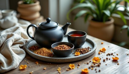 Fototapeta premium natural flat lay of luxury tea setup featuring a matte black teapot, dried herbal blends