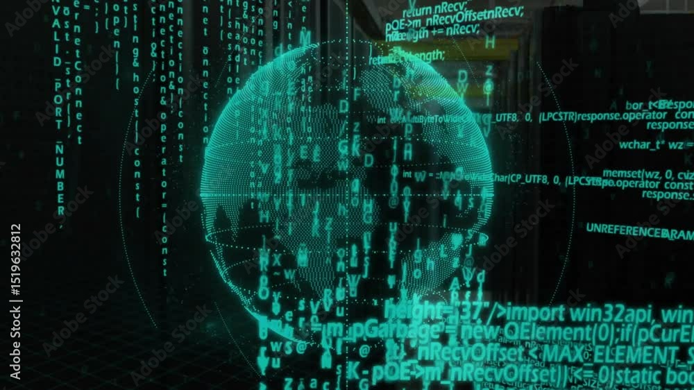 Poster wireframe globe appearing center, code forming, rings pulsing and streams orbiting visualizing data