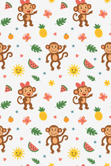 Vector seamless pattern with monkeys, butterflies, sun, watermelon, flowers and leaves on white, background. Seamless pattern for kids
