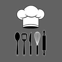 White chef hat illustration with kitchen utensils on a gray background for culinary use