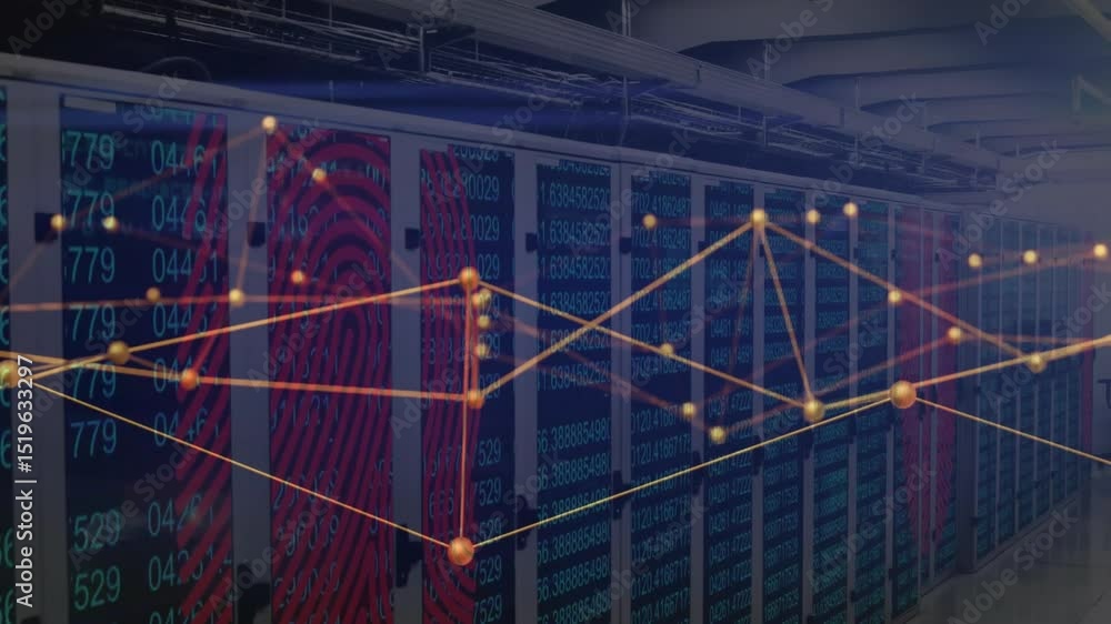 Aufkleber network overlay emerging on server racks, pulsing nodes rising lines illustrating data analysis