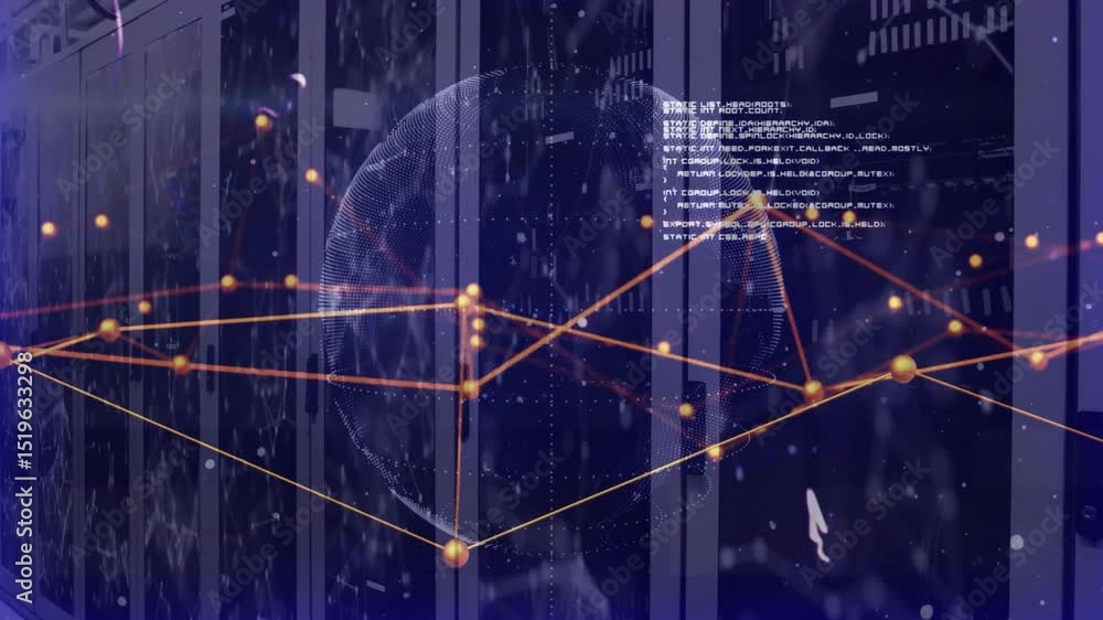 Poster fading-in globe mesh rotating as nodes join and code overlay showing network growth in server racks