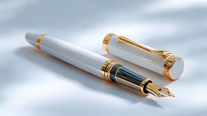 Elegant white and gold fountain pen with cap resting beside it on a smooth surface.