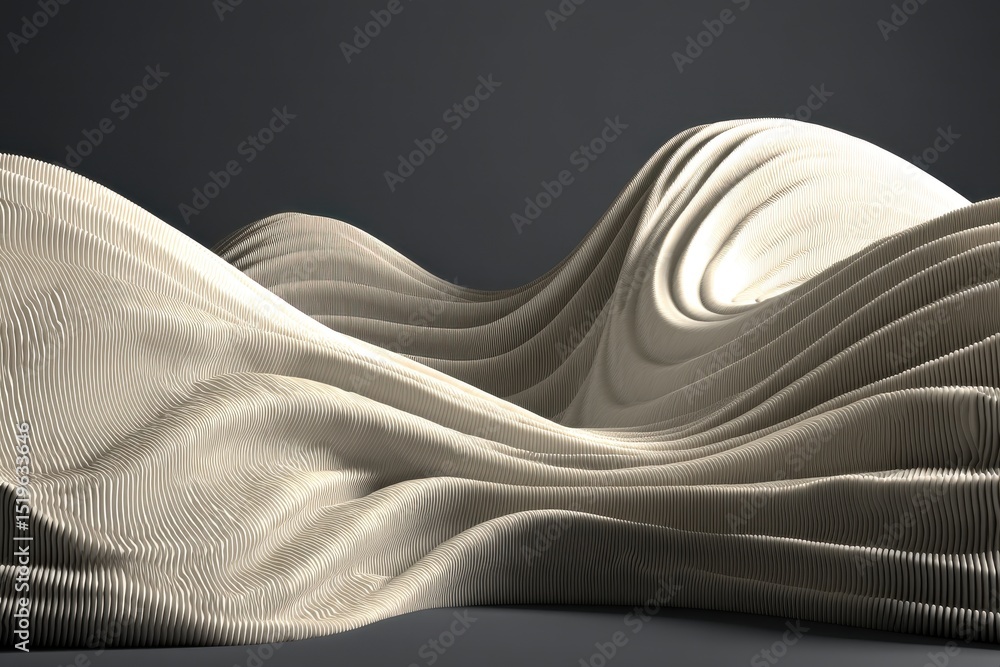 Poster abstract beige wave pattern, a 3d rendering of layered surfaces, creating soft hills and valleys, mi