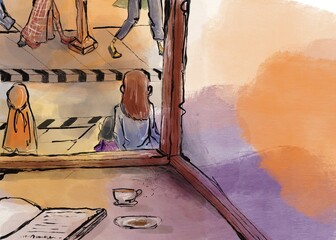 Water color art painting about human interest