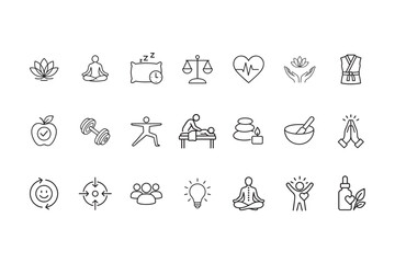 Fototapeta premium Wellness and Health Outline Icons Set – Editable Stroke, Flat Vector Illustration | Meditation, Yoga, Fitness, Spa, Mindfulness – 64x64 Pixel Perfect