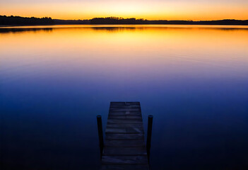 Naklejka premium Sunset lake pier glowing at dusk over calm water scenery