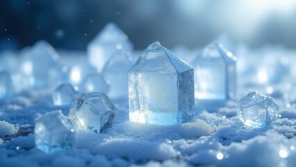 Icy Winter Scene: Crystal Ice Formations in Snow, Frozen Landscape