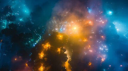 Fototapeta premium Abstract aerial view of vibrant fireworks display at night. Celebration, festival, energy, light show concept.