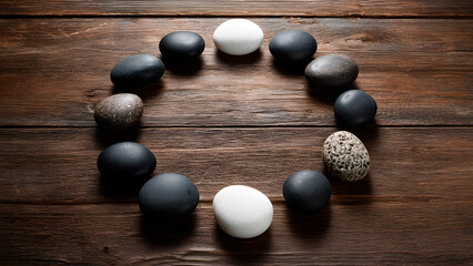 Circle of smooth stones in varied shades resting on a dark wooden surface.