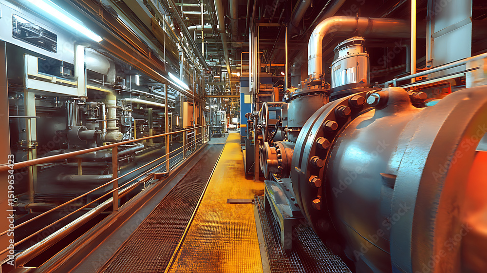 Poster a factory with many machines and workers. scene is busy and industrial. the workers are focused on t
