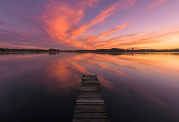 Fototapeta premium Stunning sunset sky reflecting on tranquil lake with wooden pier in the foreground