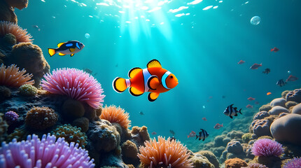 Obraz premium A clownfish swimming in a coral reef