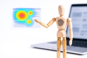 Wooden mannequin with fingerprint symbol on its chest is pointing at digital heatmap display in front of laptop, illustrating integration of technology in e commerce and marketing