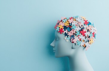 A profile image of a human head containing colorful puzzle pieces, symbolizing learning and thinking differently to promote mental health