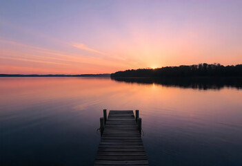 Fototapeta premium Wooden dock extending into serene lake at sunset with beautiful orange and purple sky