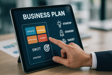 Business Plan Presentation on Tablet with SWOT Analysis for Strategic Planning and Management