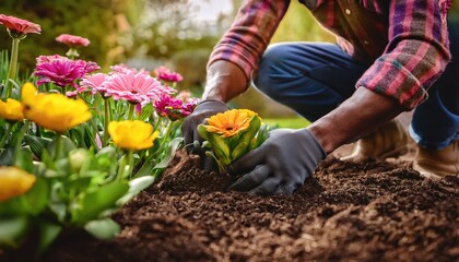  Gardener's hands carefully planting vibrant flowers into rich garden soil, nurturing spring blooms 