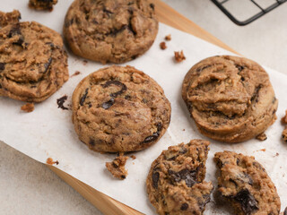 Chocolate chip cookies on white background