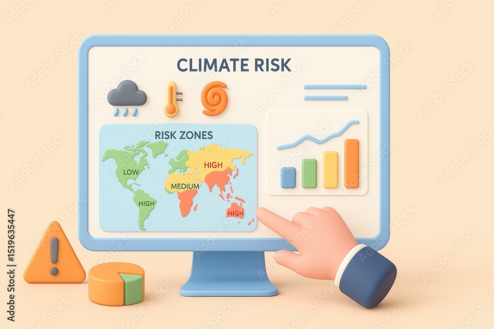 Poster climate risk assessment dashboard with charts and map displaying risk zones and data visualization