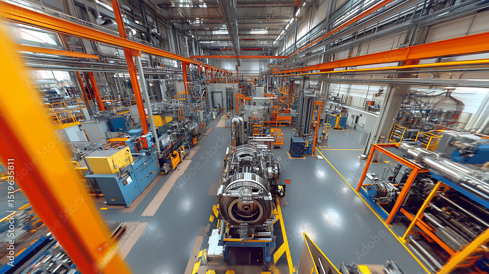 Aufkleber a factory with many machines and workers. scene is busy and industrial. the workers are focused on t