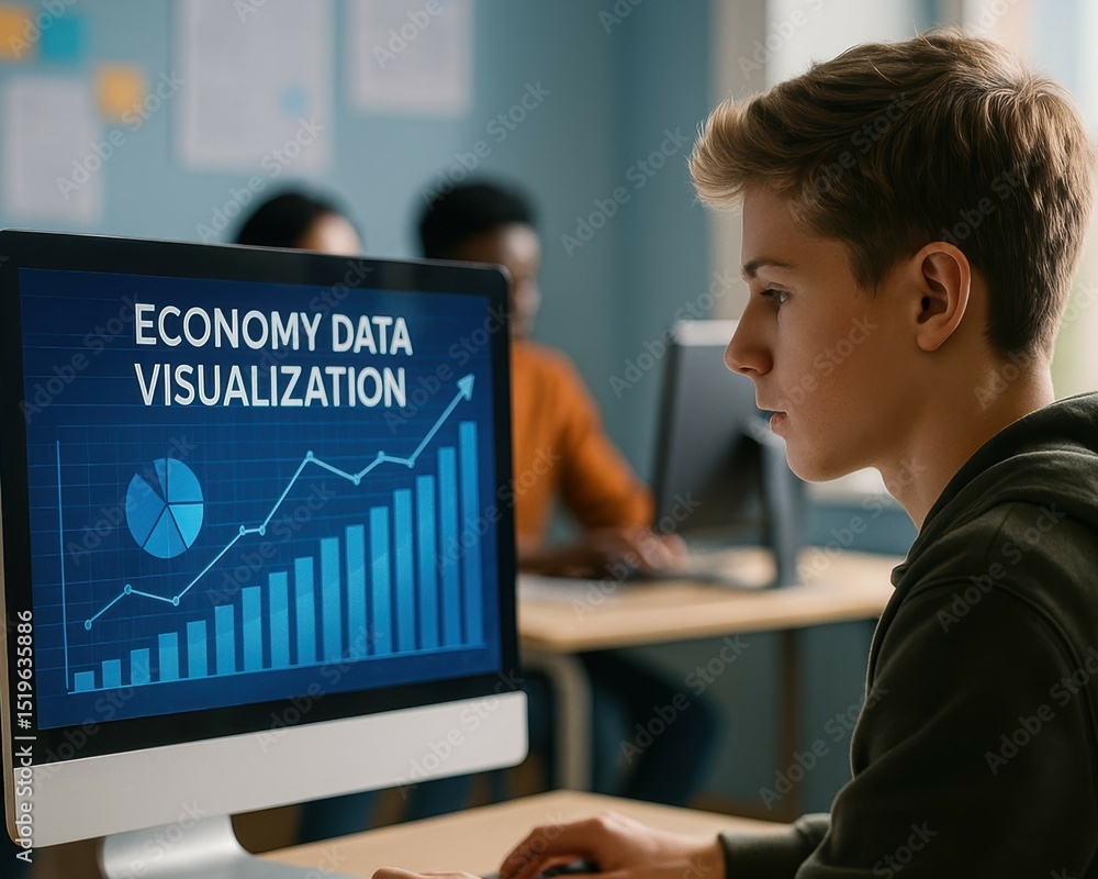 Poster young student analyzing economy data visualization on a computer screen in a classroom setting