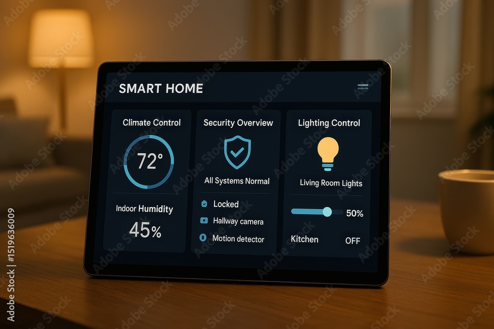 Aufkleber smart home dashboard displaying climate control, security overview and lighting control features