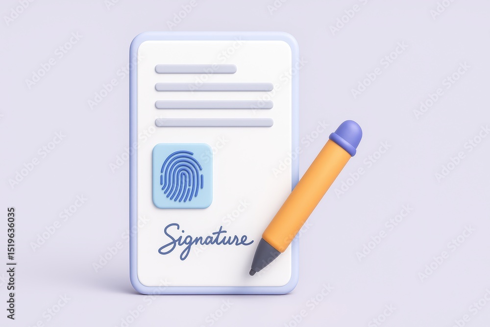 Poster 3d illustration of document with signature and fingerprint for identity verification concept