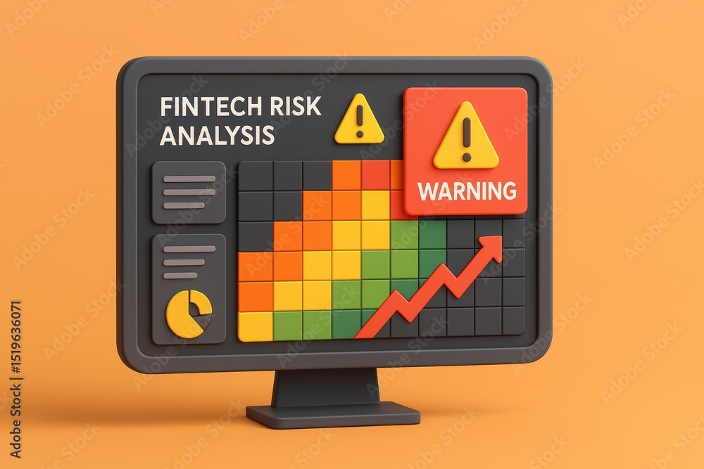 Poster fintech risk analysis dashboard with warning indicators and colorful data visualization elements