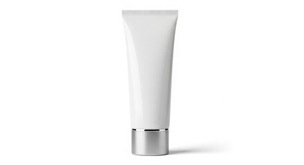White Cosmetic Tube with Silver Cap on White Background