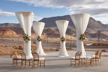 Elegant wedding setup with white draped pillars and floral arrangements against a mountain backdrop, complemented by stylish chairs and outdoor setting for a romantic ceremony.