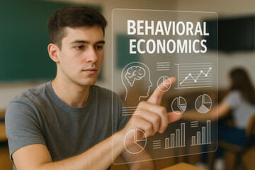 Engaged Student Analyzing Behavioral Economics Concepts in Modern Classroom Setting