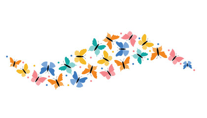 Colorful wave of flying butterflies and scattered dots in flat cartoon style. A cheerful design full of movement, ideal for spring, kids themes, or decorative backgrounds. © _aine_