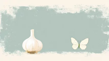 Wanddecoratie Grunge vlinders White garlic bulb and white butterfly on a light green grunge background.  Nature, food, and contrast concept.  © Begu Designs